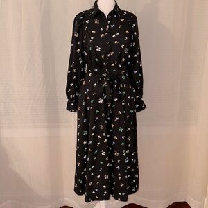 Ann Taylor 2 Black Floral Collared Long Puff Sleeve A-Line Midi Shirt Dress